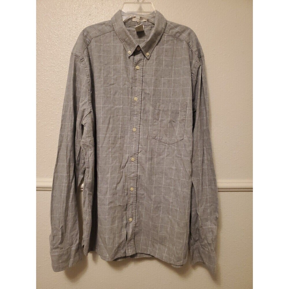 H & M Flannel Shirt Mens Size  XL Plaid Long Sleeve Gray Cotton with Pocket
